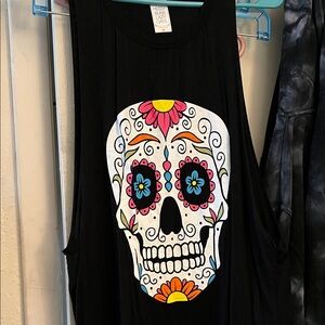 Messy Buns Lazy Days Black Tank with Colorful Skull